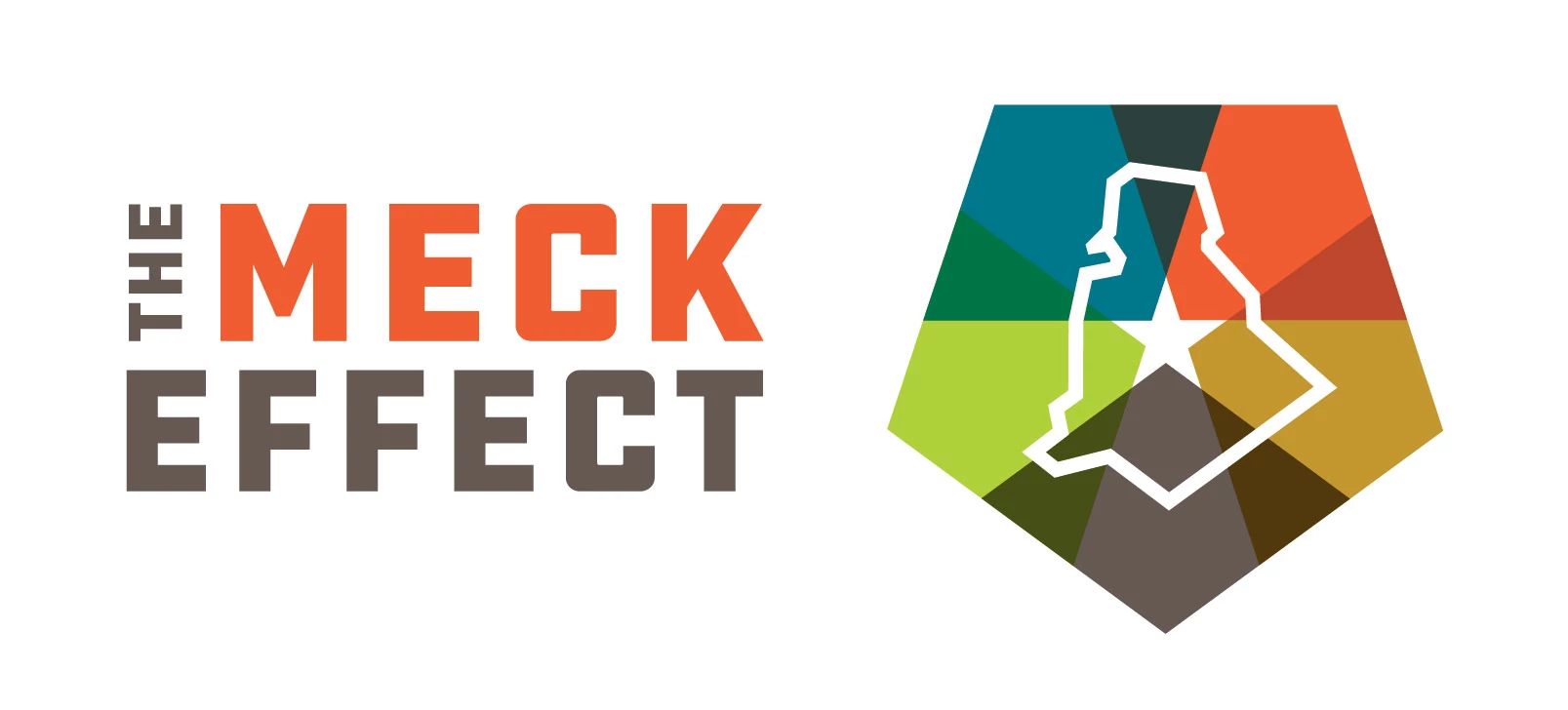 Logo featuring the words The Meck Effect on the left and an outline of Mecklenburg County with a star in the middle on the right.